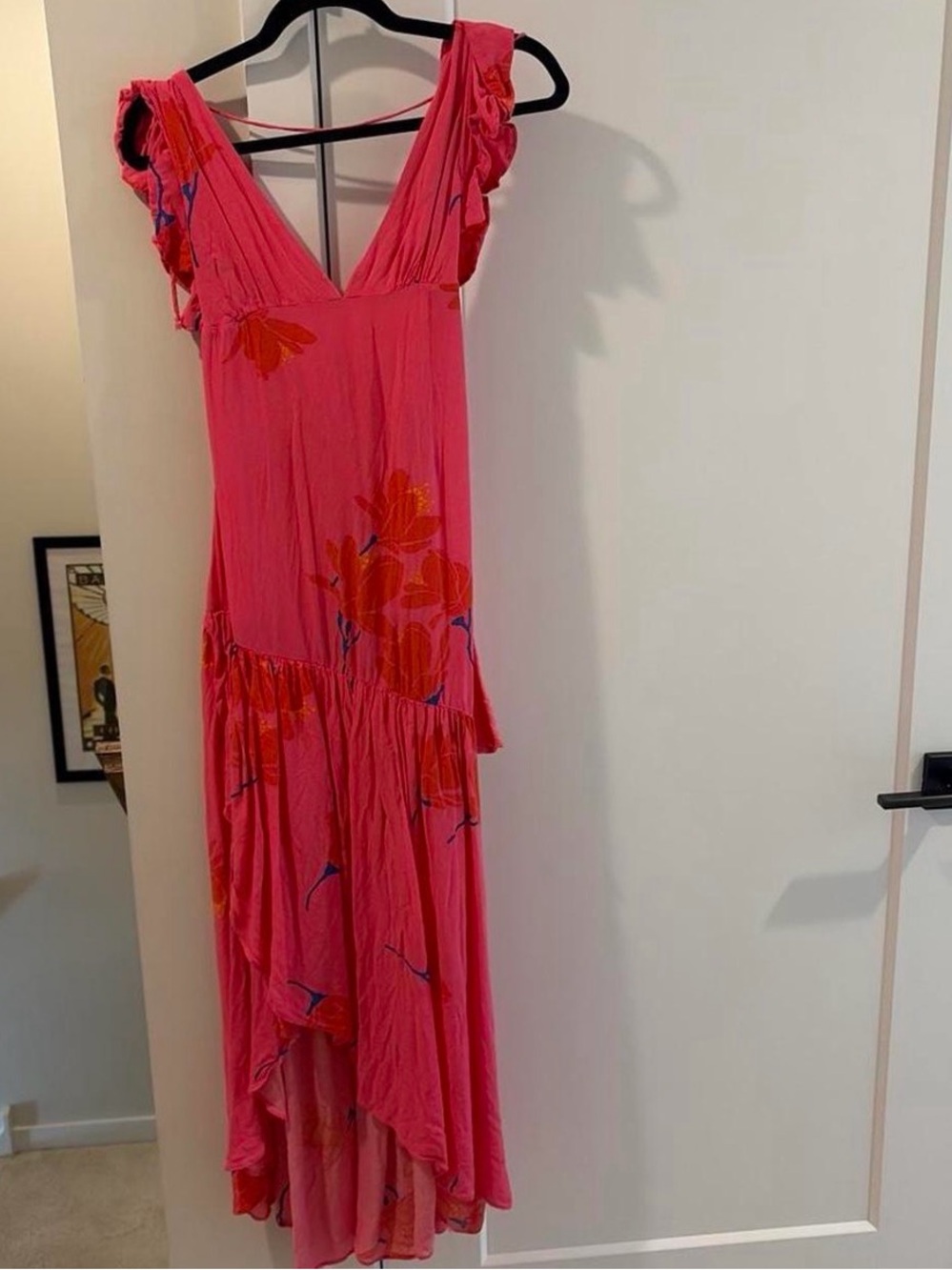 Freepeople Pink Floral V-Neck Ruffle Midi Dress